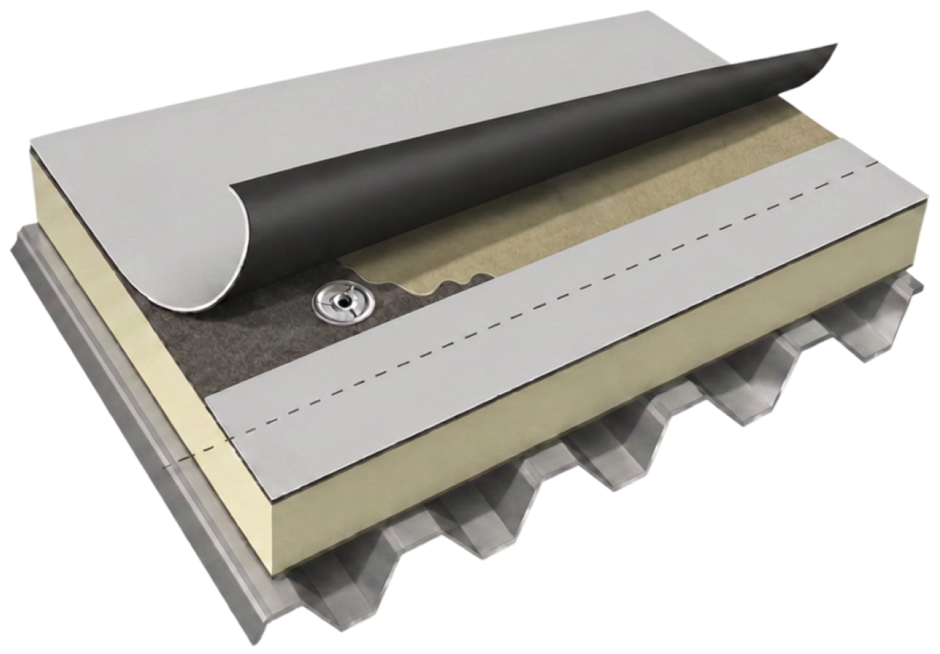 Thermoplastic Polyolefin TPO roofing cross-section diagram showing layers
